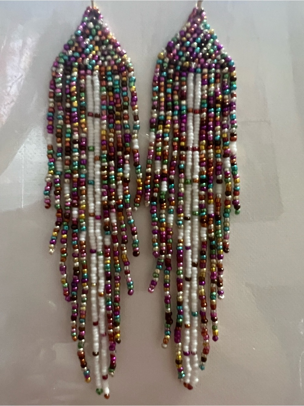 Multicolor Seed Bead Fringe Earrings - White, Purple, Teal & Gold Accents